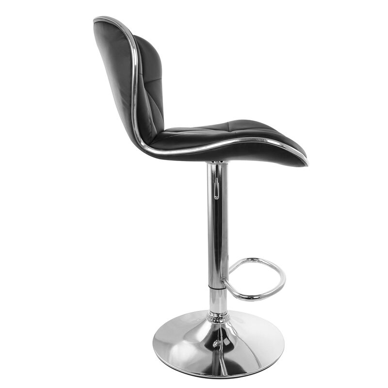 Elama 2 Piece Diamond Tufted Faux Leather Adjustable Bar Stool in Black with Chrome Trim and Base