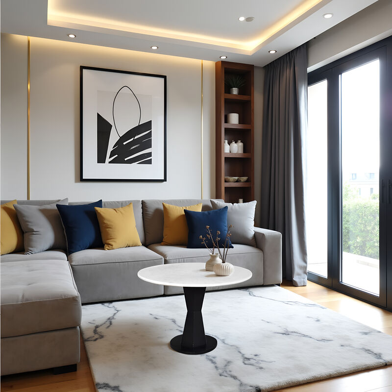 Riko Coffee Table, White Marble Top on Modern Iron Stand, Round Table, 27"