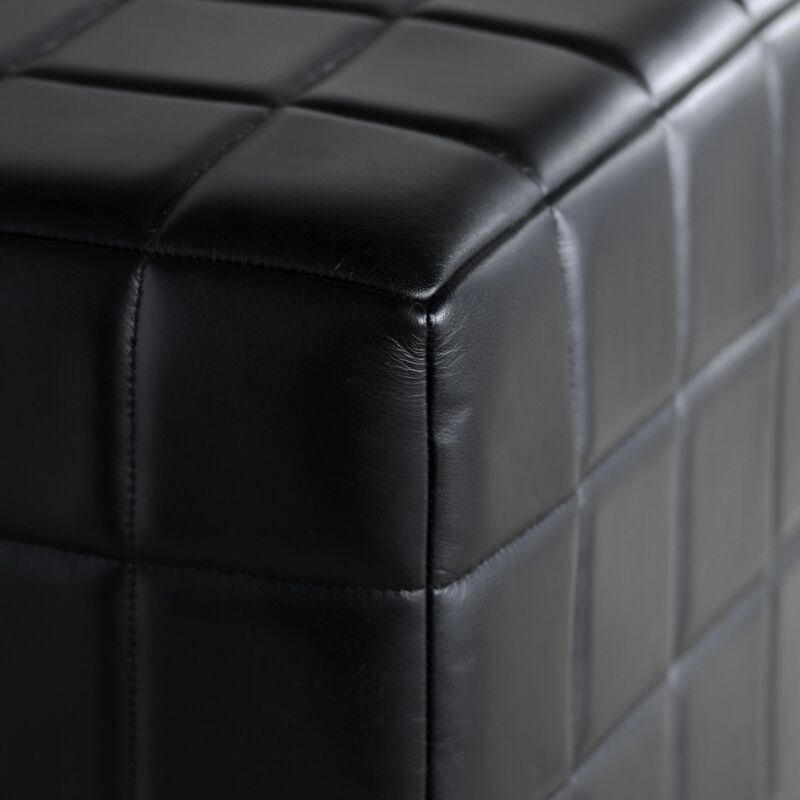 Isar Square Ottoman with Black Tufted Leather, Mango Wood 18 Inch - Benzara