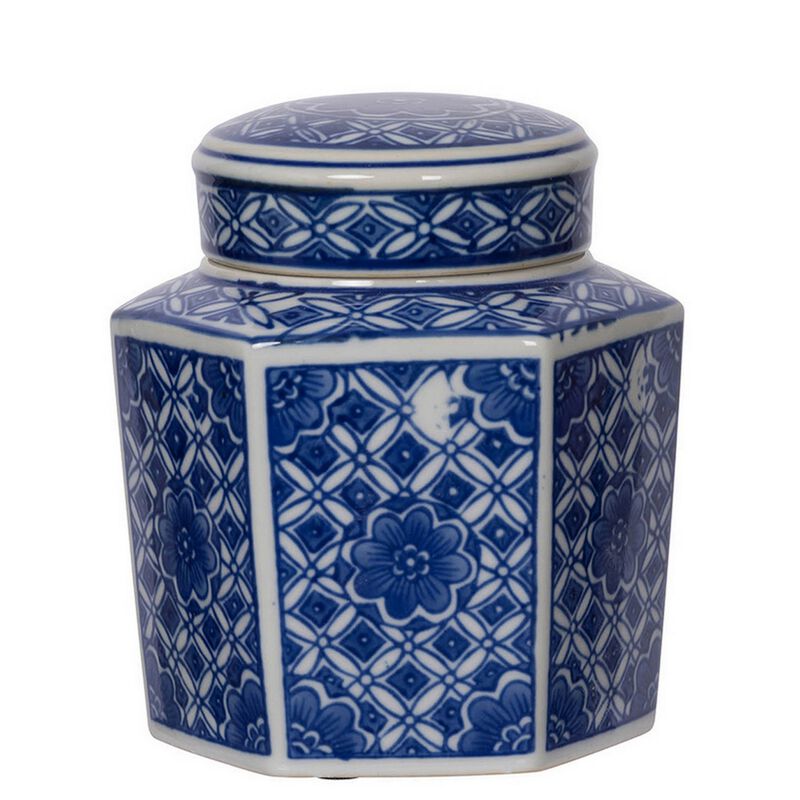 6, 6, 7 Inch Lidded Jars, Persian Inspired Blue Flowers, Curved, Set of 3 - Benzara