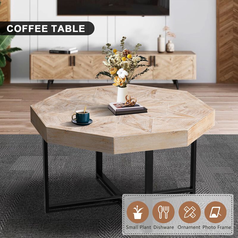 Clihome Wood Octagonal Vintage Patchwork Craft Farmhouse 30 Inch Wooden Table Top  Cross Metal Legs Coffee Table for Living Room image number 5