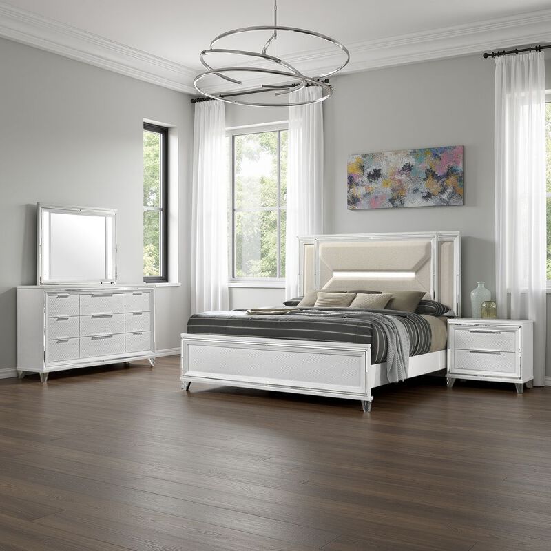 Mory 4pc Queen Bedroom Set, Herringbone Pattern, LED, White Wood