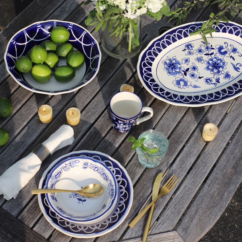 Blue Garden 18" Blue & White Stoneware Serving Platter