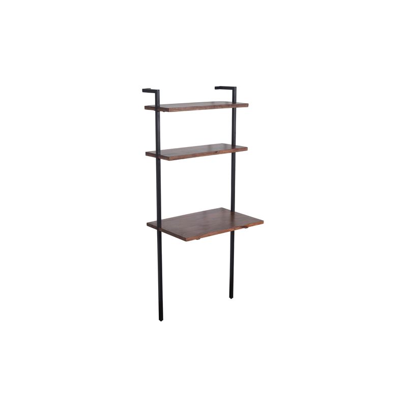 Industrial 3 Tier Mango Wood Ladder Storage Wall Shelf with Tubular Frame, Brown and Black - Benzara