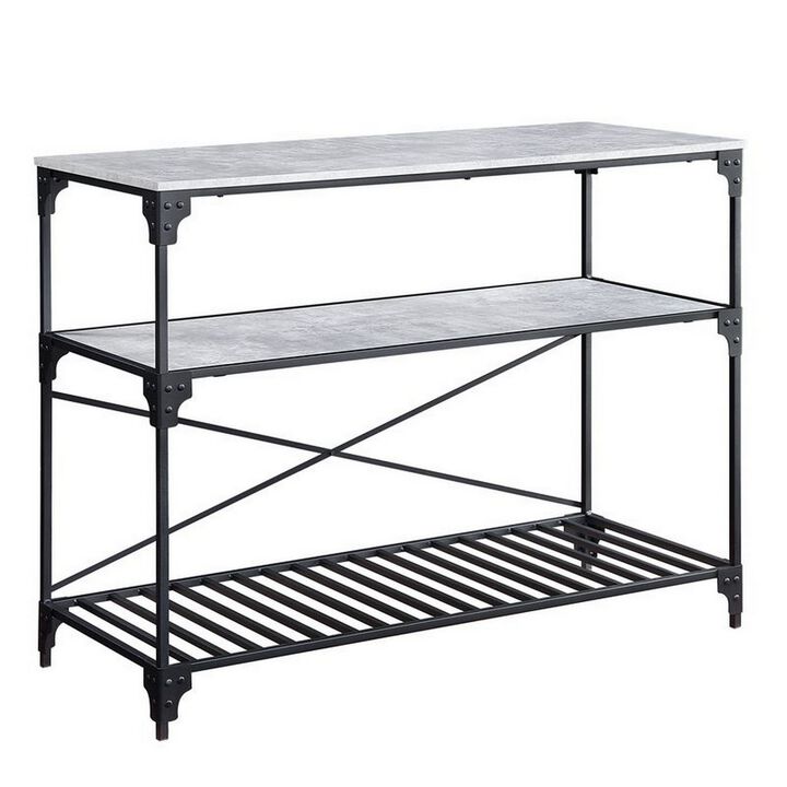 3 Tier Kitchen Island with Wooden and Slatted Shelves, Gray-Benzara