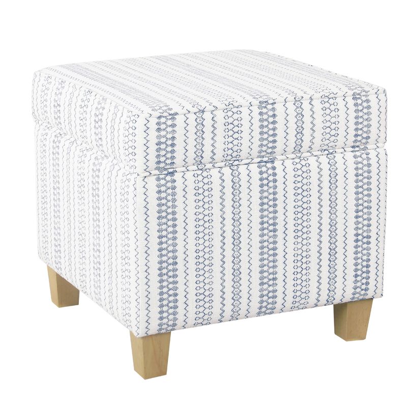 Pyp Square Storage Ottoman, 18 Inch Blue White Striped, Brown Legs