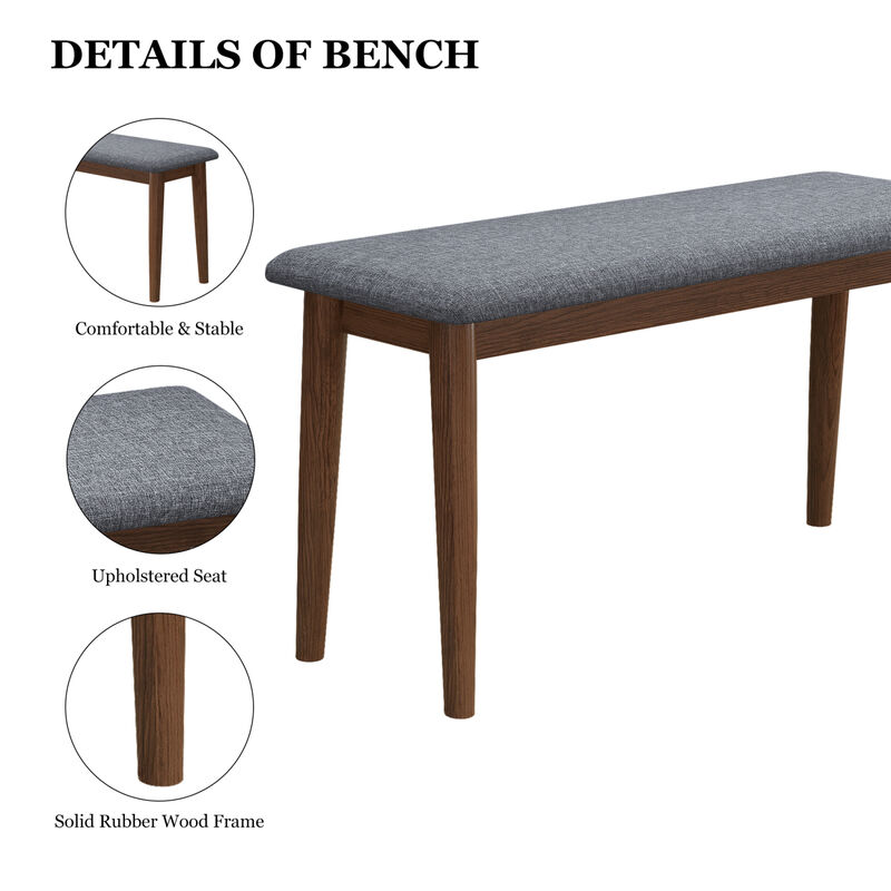 2 PCS Upholstered Benches Retro Upholstered Bench Solid Rubber Wood for Kitchen Dining Room Grey and Walnut Color image number 3