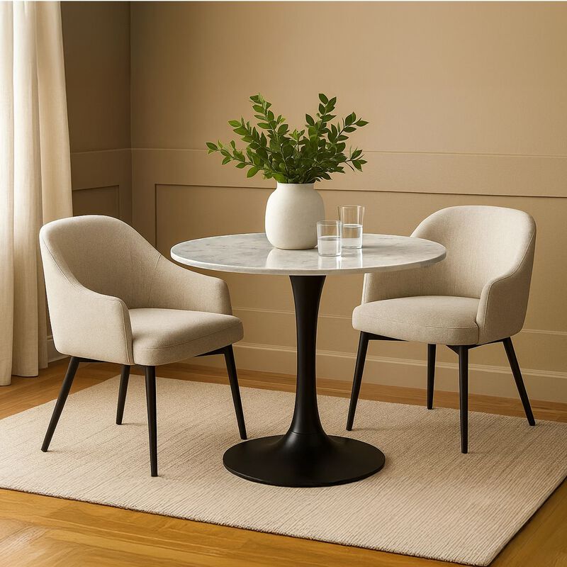 Mara Dining Table | 30 Inch Round White Genuine Marble Top | Black Metal Tulip Padestal Base