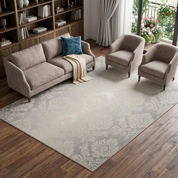 HomeRoots 9' X 12' Gray and Ivory Damask Distressed Non Skid Area Rug
