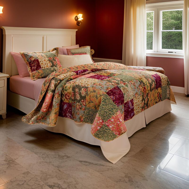 Kamet 2 Piece Fabric Twin Size Quilt Set with Floral Prints, Multicolor - Benzara