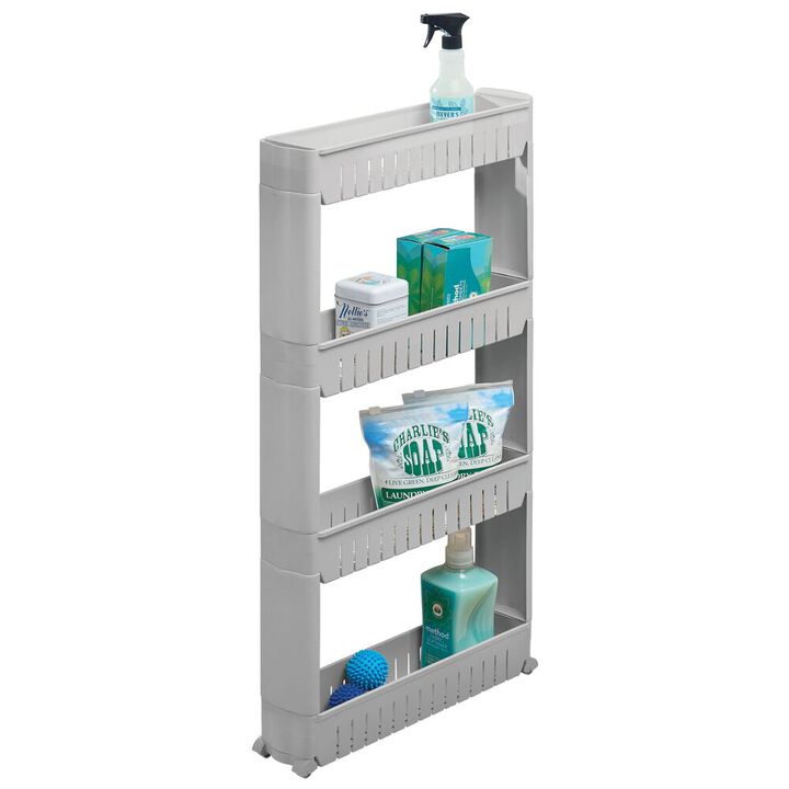mDesign Portable Rolling Laundry Utility Cart Organizer with 4 Shelves - White