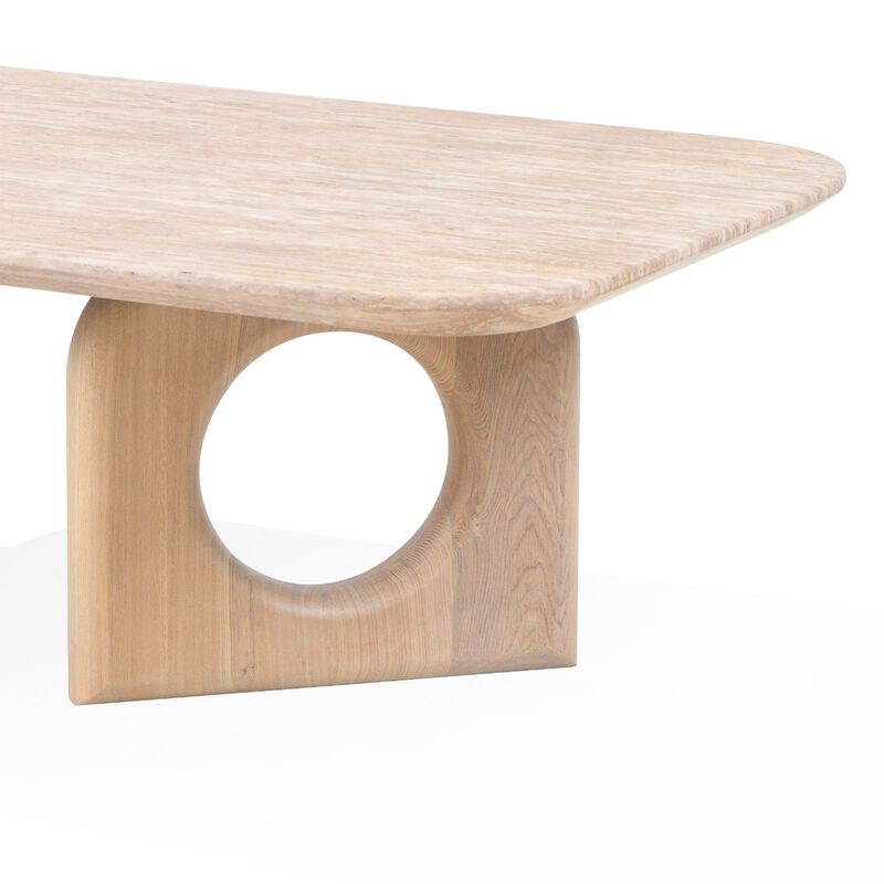 Aky 50 Inch Coffee Table, Faux Marble Top, Open Panel Frame, Natural Brown