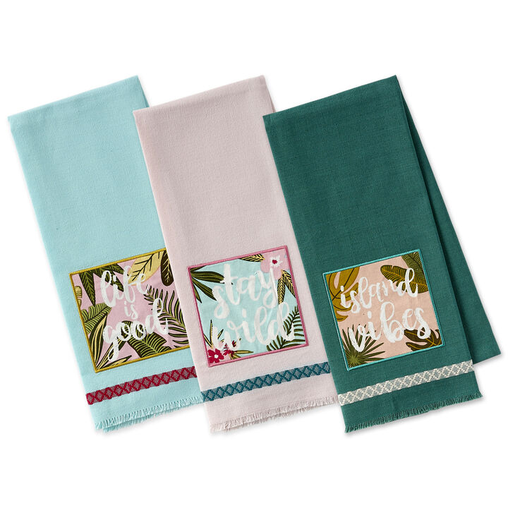 Set of 3 Pink and Blue Island Tropics Embellished Dish Towel  28"