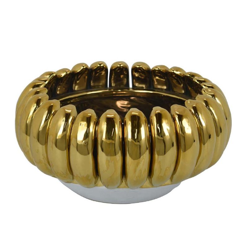 Milly Decorative Bowl, Raised Petal Rim, Gold Metallic Ceramic 13 Inch