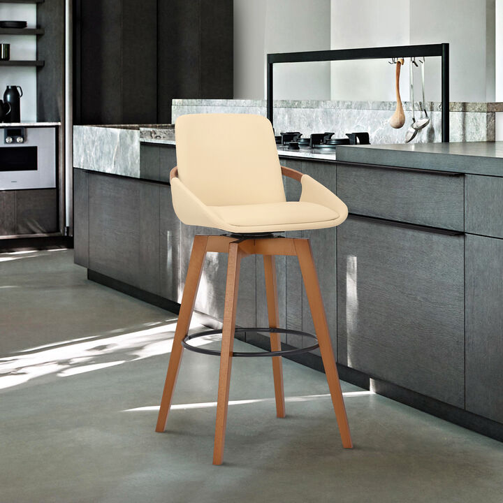 Baylor  Gray Faux Leather and Walnut Wood Swivel Bar Stool
