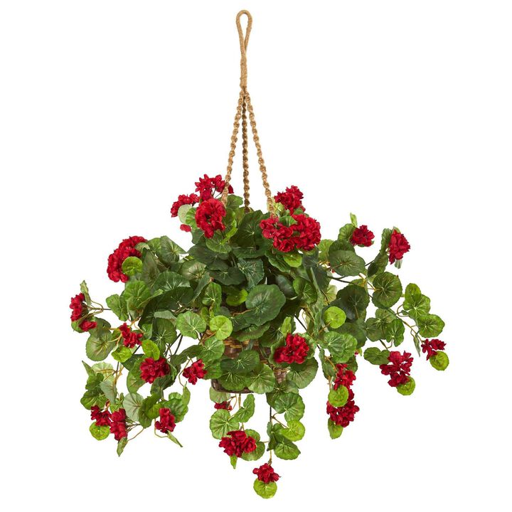 Nearly Natural 27-in Geranium Artificial Plant in Hanging Basket