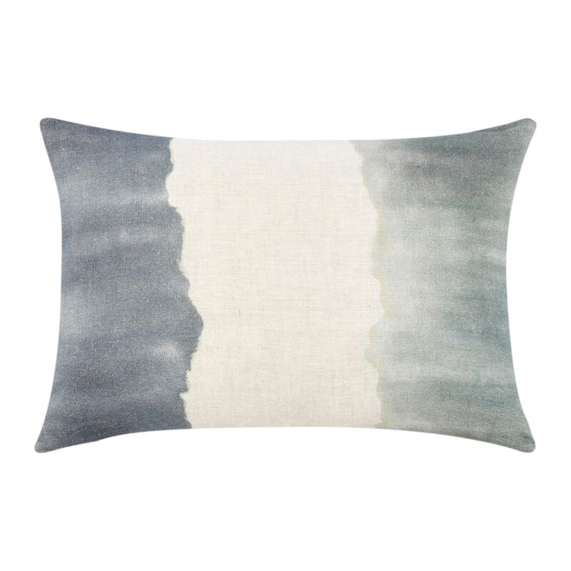 Lumbar Throw Pillow, 14x20 Inch Tie Dye Style, Blue Belgian Flax Linen - Benzara