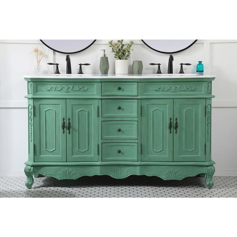 Elegant Kitchen and Bath 60 inch double Bathroom vanity in vintage mint