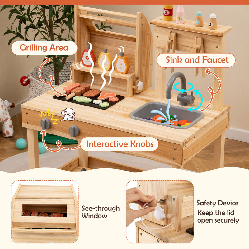 Wooden Barbecue Grill Playset with Play Food and Open Shelves &ndash; Fun for Kids