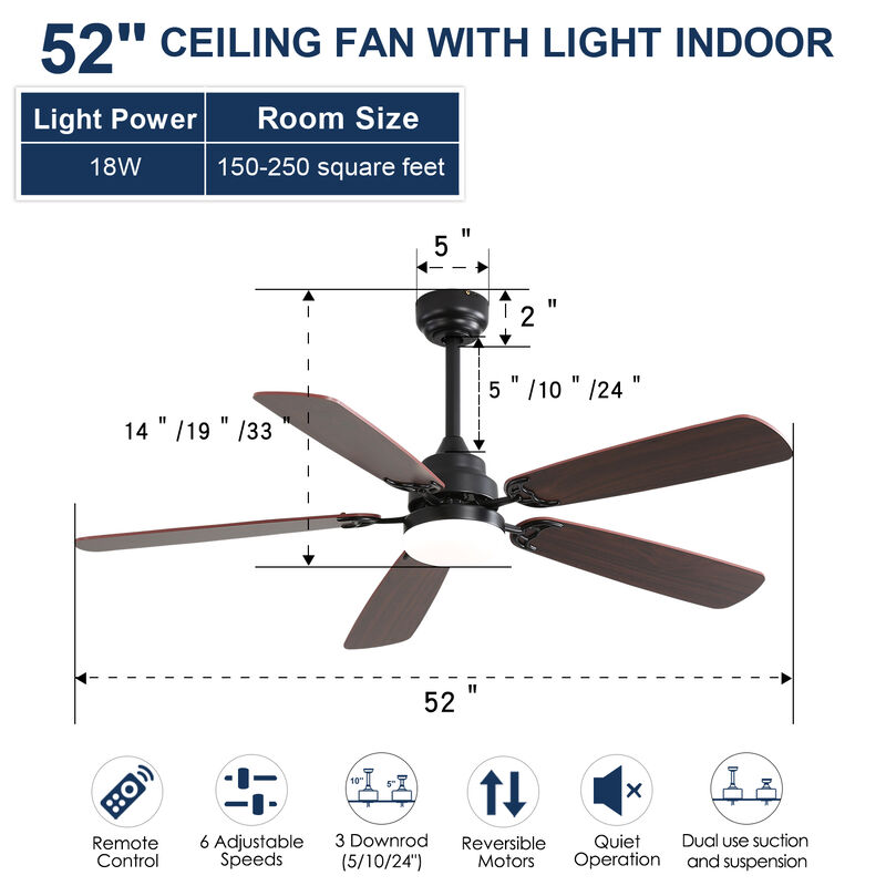 52 Inch Classics Ceiling Fan with Led Light 6 Speed Wind 5 Blades Remote Control DC Motor For Indoor image number 3