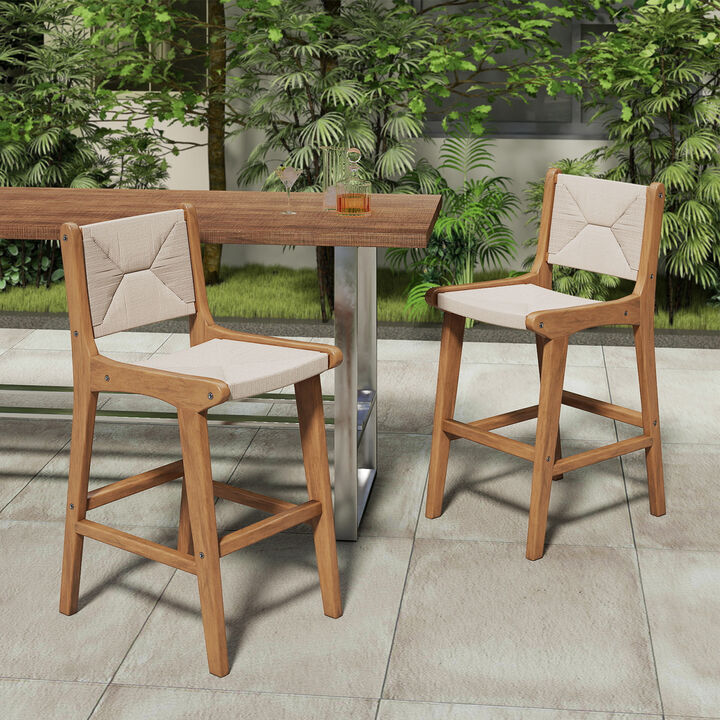 Patio Counter Height Bar Stools Set of 2 with Woven Rope Seats and Teak Wood Frame