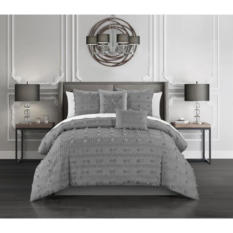 Chic Home Ahtisa Comforter Set Jacquard Floral Applique Design Bedding Grey, Queen