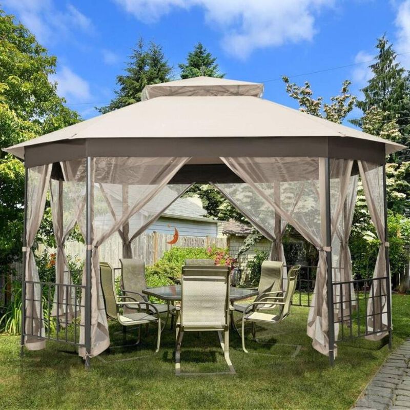 Hivvago Outdoor 10 x 12 Ft Octagon Gazebo with Mosquito Net Sidewalls and Beige Canopy