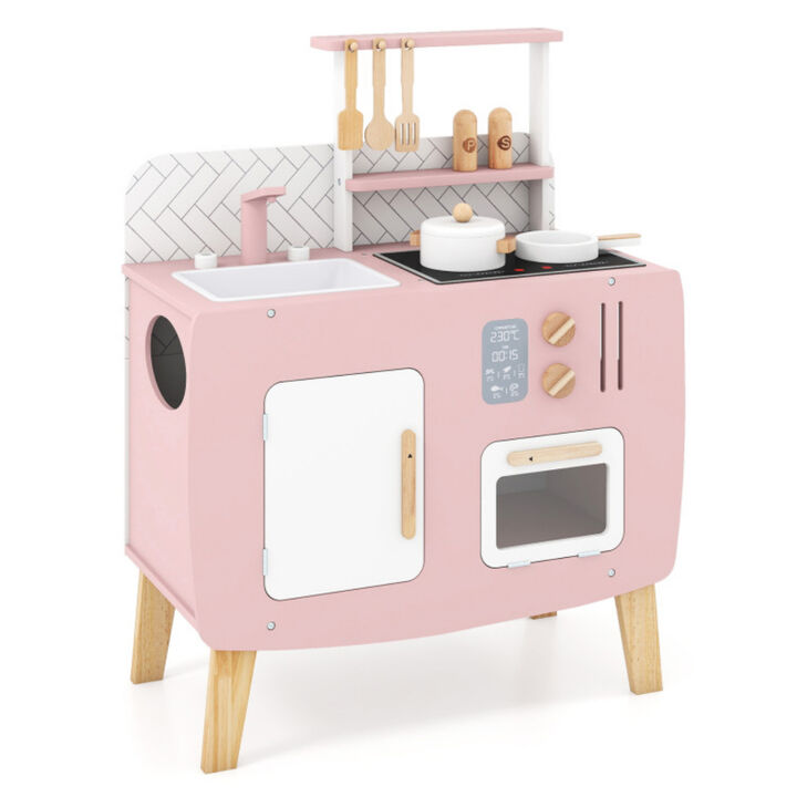 Kids Wooden Play Kitchen Set with Stoves Sink Faucet and Oven