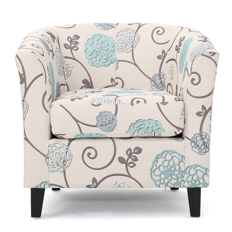Accent Club Chair, Round Arms, Cream Blue Fabric Floral Details, Birch Wood