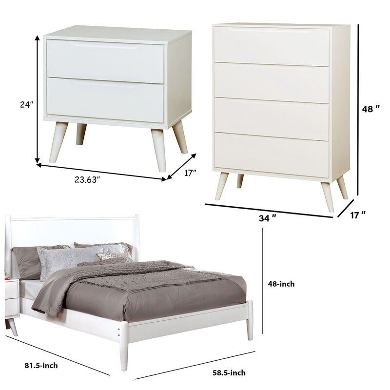 Bekor 3 Pc Full Size Bedroom Set, Mid-Century Modern Style, White Finish