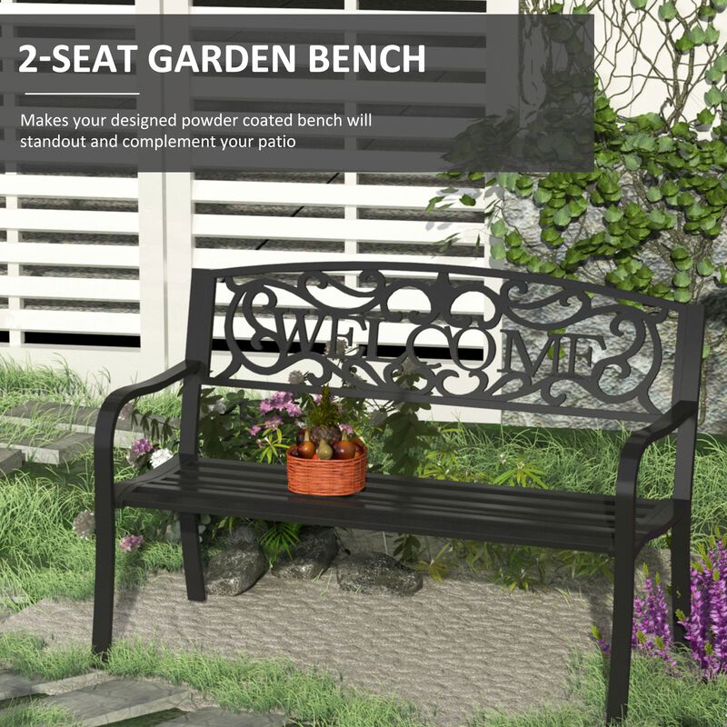 50 Inches Outdoor Metal Welcome Bench, Garden Bench with Slatted Seat, Black Patio Bench image number 3