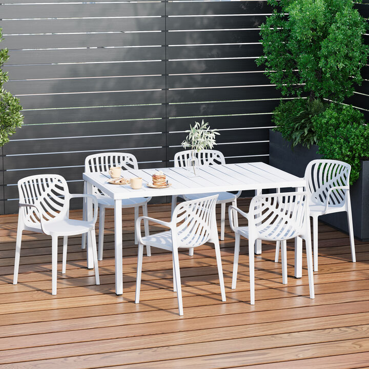 WestinTrends 7-Piece Outdoor Metal Rectangle Patio Dining Table Set With Stackable Resin Patio Dining Chairs