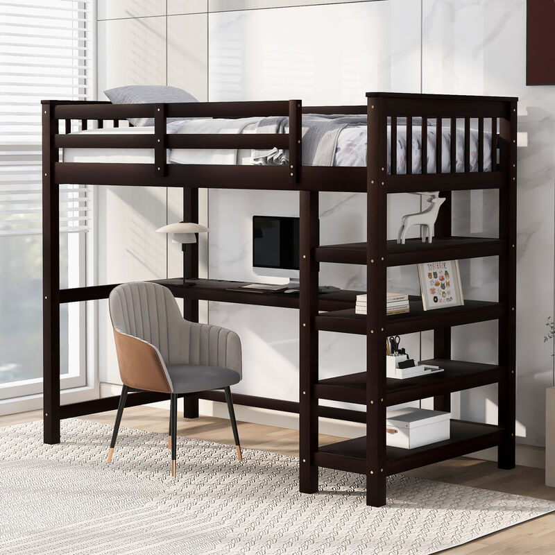 Merax Twin Size Loft Bed with Storage Shelves and Under-bed Desk