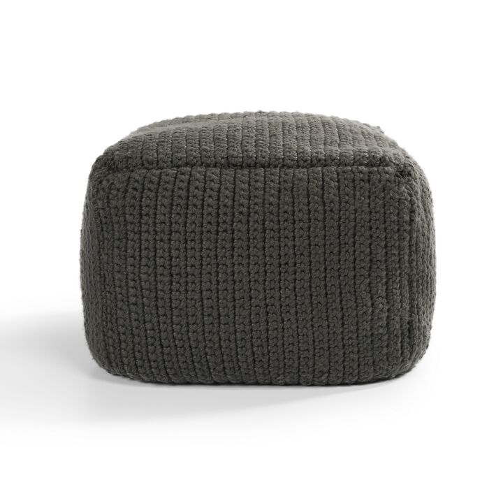 Square Pouf Ottoman, 18 Inch Handwoven Knitted Dark Gray Polyester - Benzara