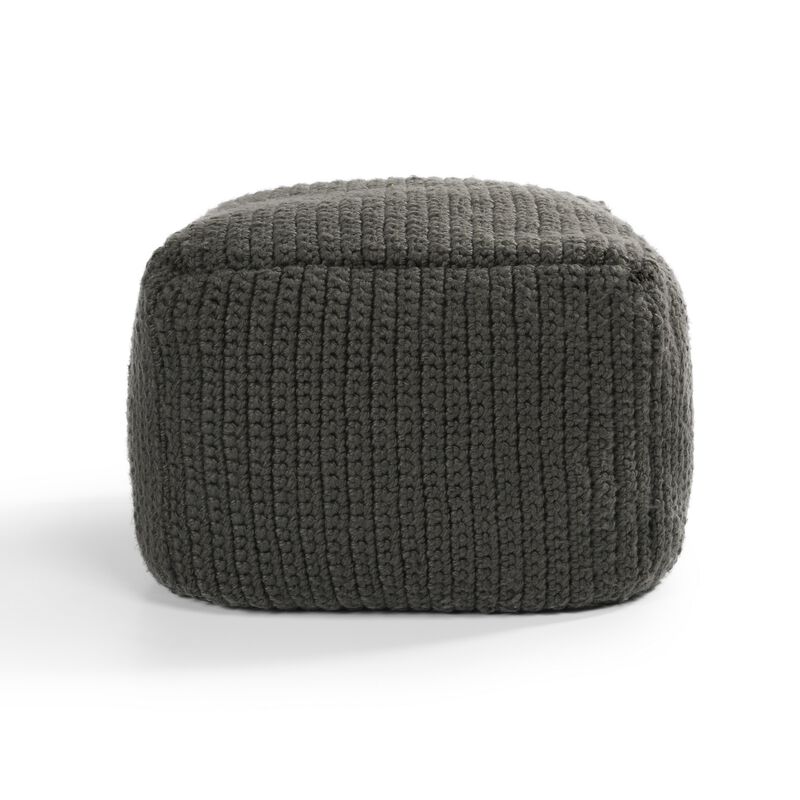 Square Pouf Ottoman, 18 Inch Handwoven Knitted Dark Gray Polyester - Benzara