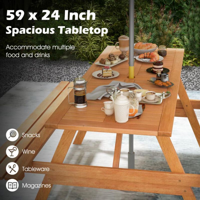 Hivvago 6 Person Picnic Table Set Patio Rectangle with 2 Built-in Benches and Umbrella Hole