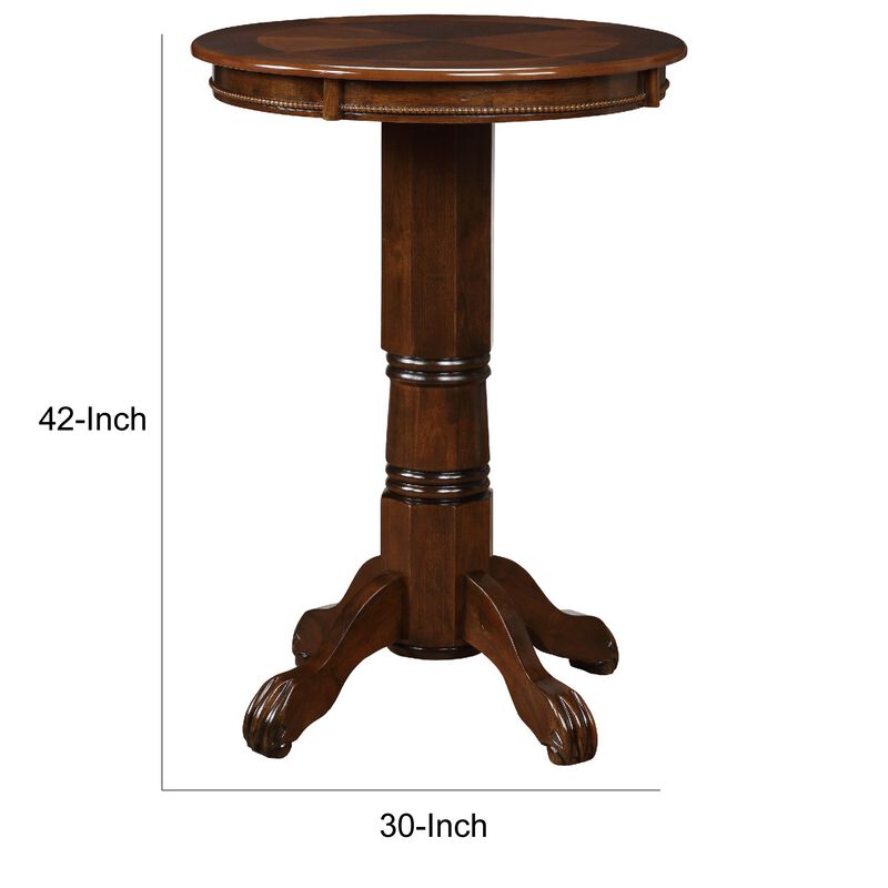 Ava 42 Inch Wood Pub Bar Table, Sunburst Design, Carved Pedestal, Cappuccino