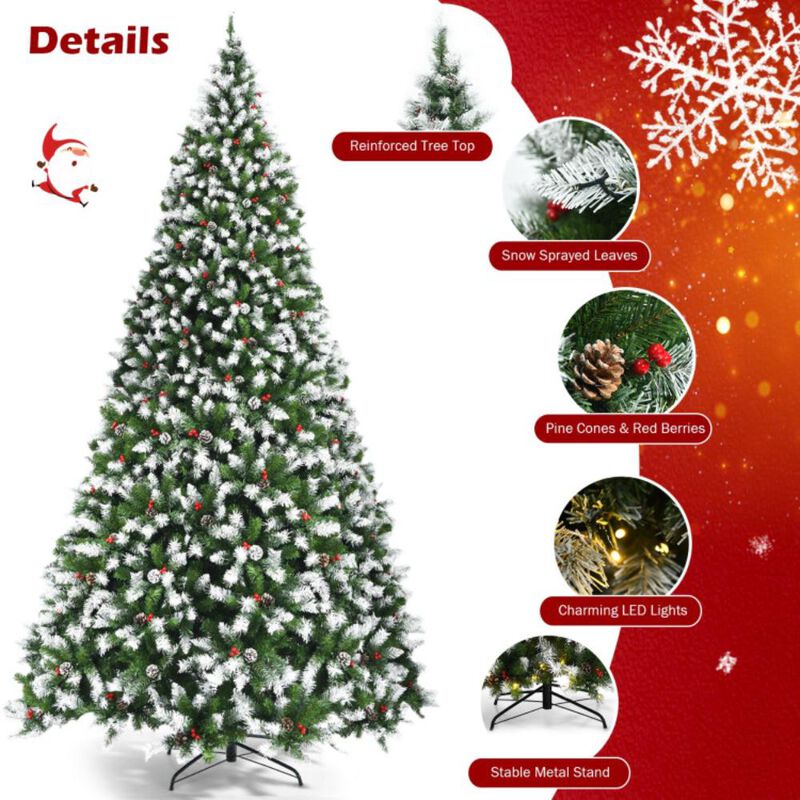 Hivvago Pre-lit Snow Flocked Christmas Tree with Red Berries and 8 Lighting Modes