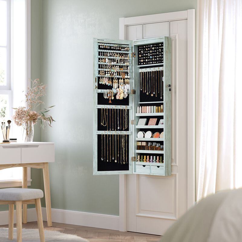 Wall/Door Mounted Jewelry Armoire 6-LED Mirror Cabinet with Lock, 2 Drawers, and Organizer