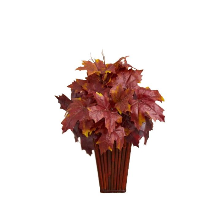 HomPlanti 19" Autumn Maple Leaf Artificial Plant in Decorative Planter - Burgundy