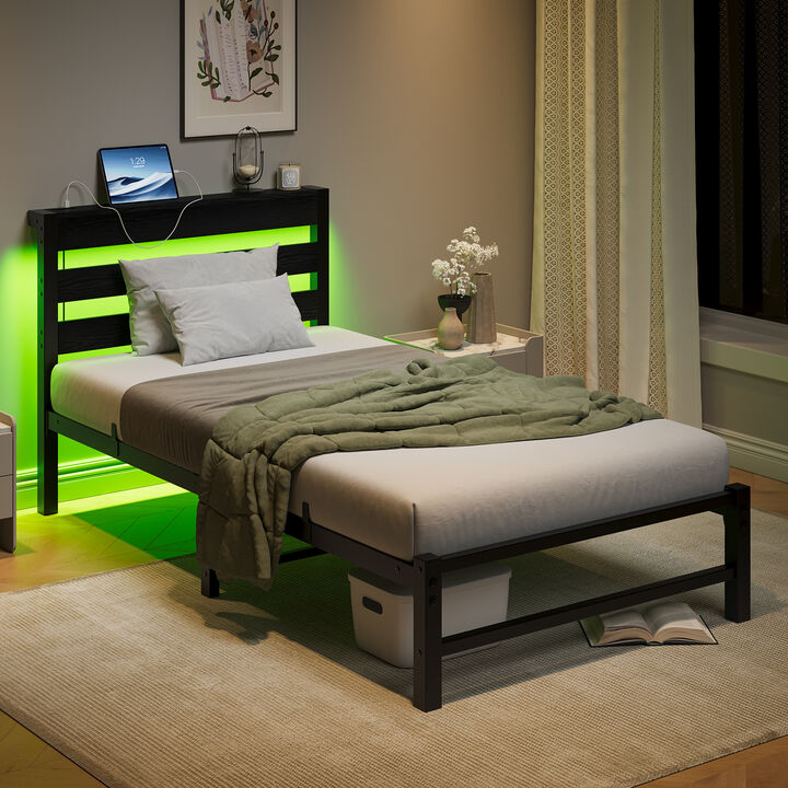 Full Size Platform Bed Frame with LED Lights & USB Charging, Industrial Rustic Wood Headboard, No Box Spring Needed, Brown