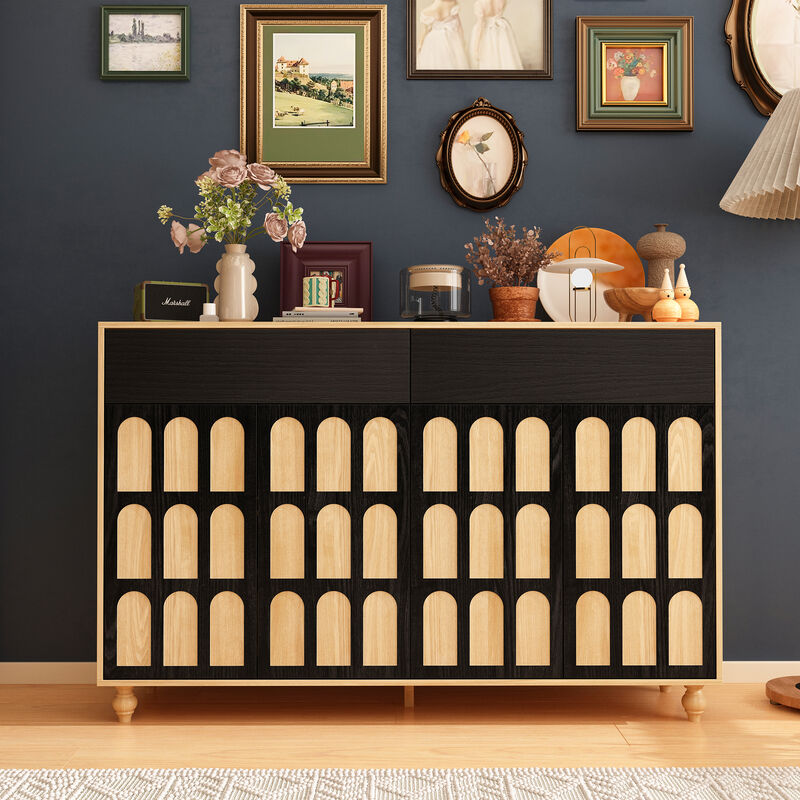 FUFU&GAGA Black and Natural Arch-Design Storage Cabinet with Dual Swing Doors (59" W x 39.3" H x 15.7" D)，Brown