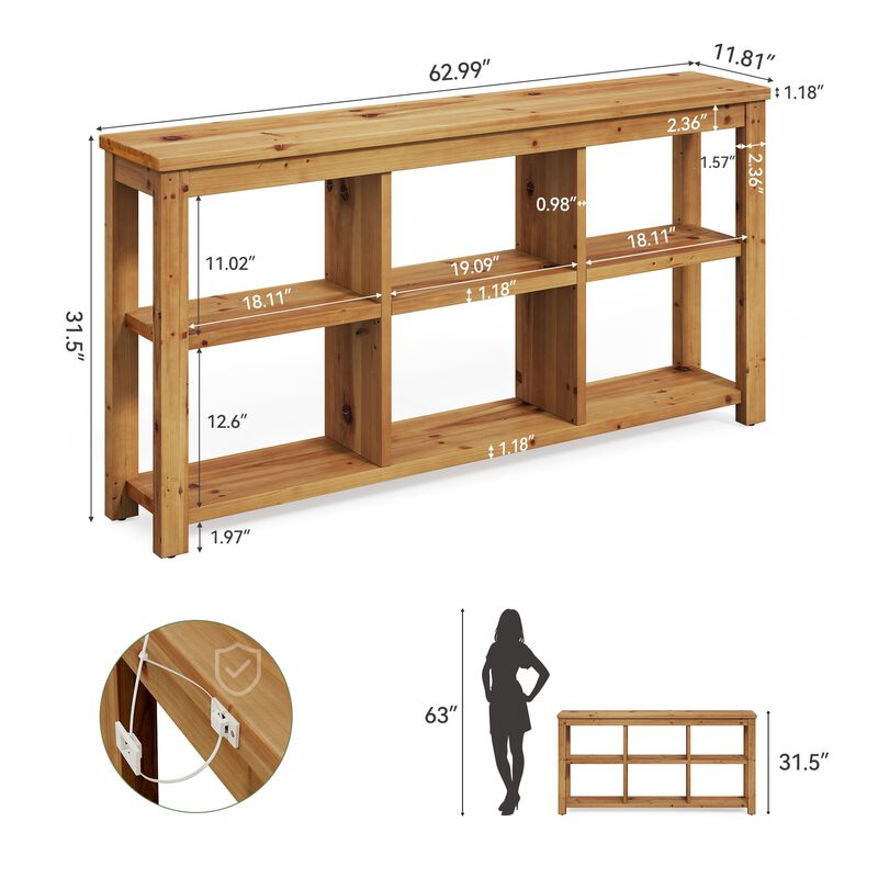 Solid Wood 3-Tier Sofa Table with 6 Storage Cubes for Living Room-Brown image number 2