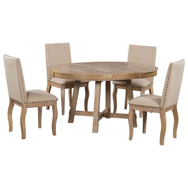 Whisen 5-Piece Farmhouse Dining Table Set with Extendable Dining Table and 4 Upholstered Dining Chairs