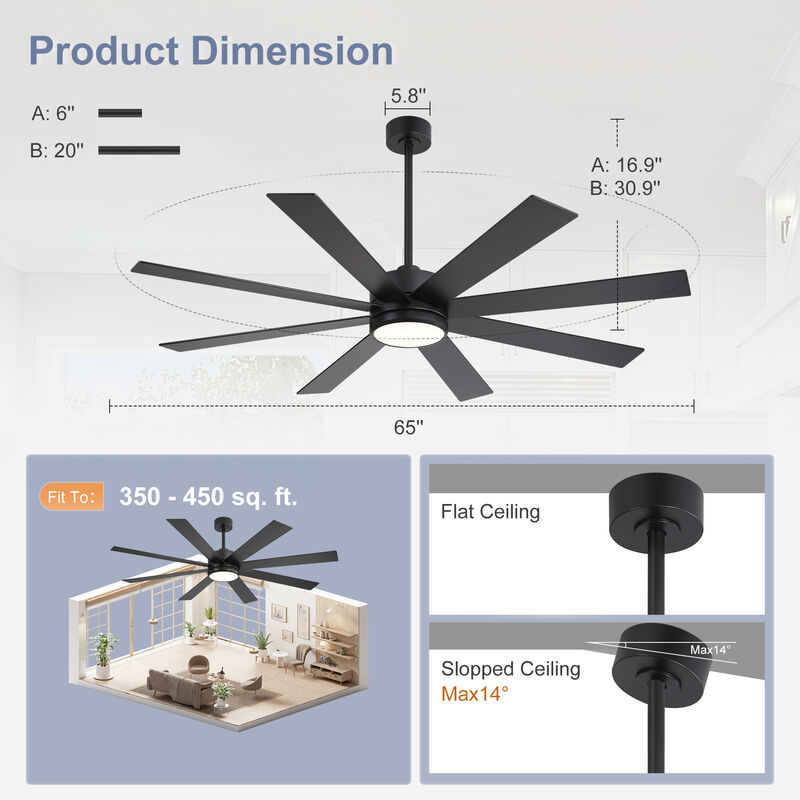 Breezary 65-inch Black Ceiling Fan with LED Light Remote and Downrod(8-Blade) image number 5
