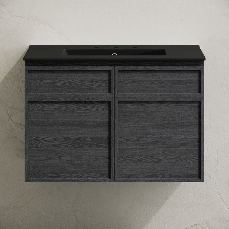 30" Wall-Mounted Bathroom Vanity in Black Oak, Black 3-Hole Widespread Sink Top image number 4