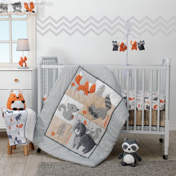 Bedtime Originals Acorn Gray/Orange Fox and Raccoon Musical Baby Crib Mobile