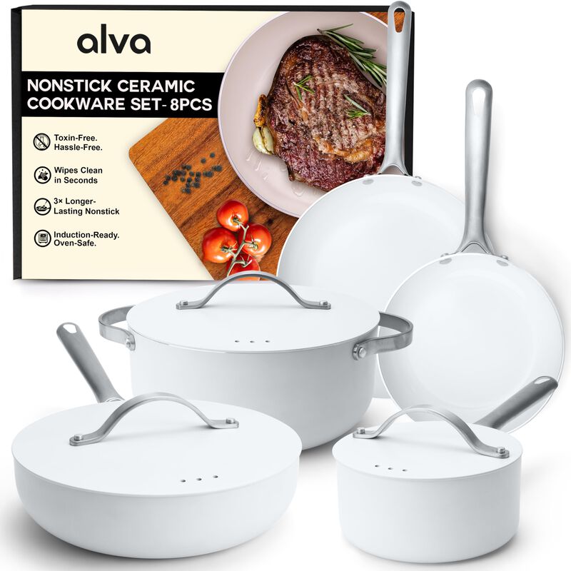 Alva Mobi Nonstick Ceramic Cookware Set 8-Piece Set - Easy to Clean, Oven Safe and Made without PFAS, PFOA & PTFE - Induction and All Stovetop Compatible with Even Heat Distribution