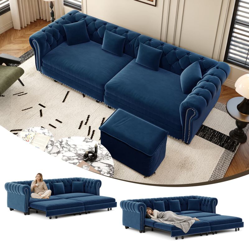 3-in-1 Pull-Out Sleeper Sofa, Velvet Chesterfield Sofa with Rolled Arms and Tufting, 89 Inch Convertible Sofa Bed with Ottoman image number 7