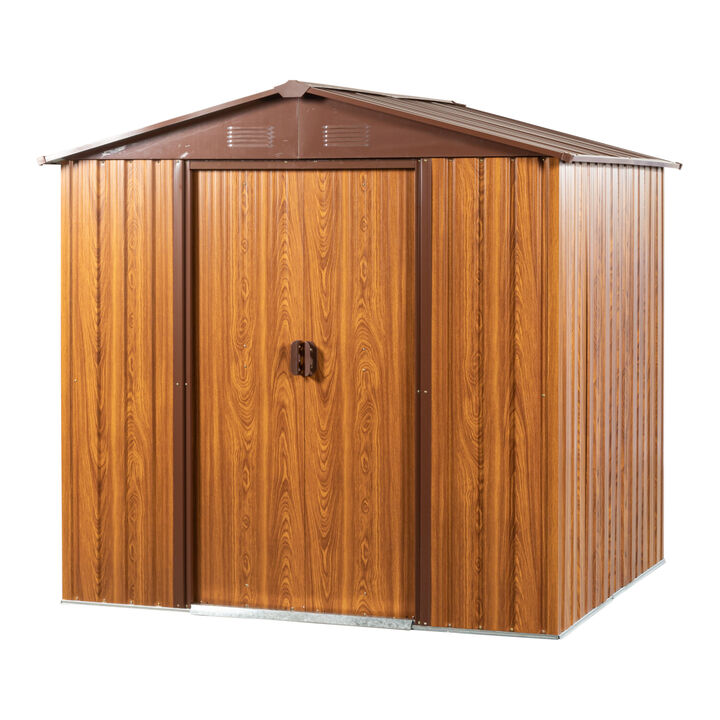 6 Ft. W X 6 Ft. D Metal Storage Shed Appealing horizontal siding in wood grain with coffee trim to complement